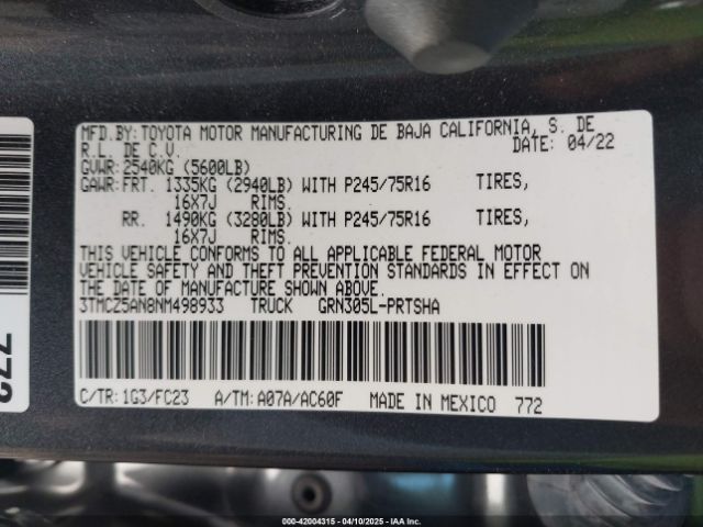 3TMCZ5AN8NM498933 Toyota Tacoma Sr5 V6