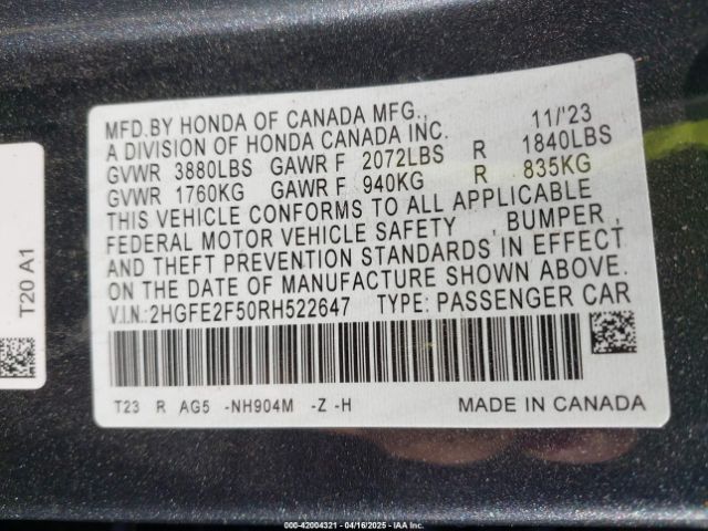 2HGFE2F50RH522647 Honda Civic Sport