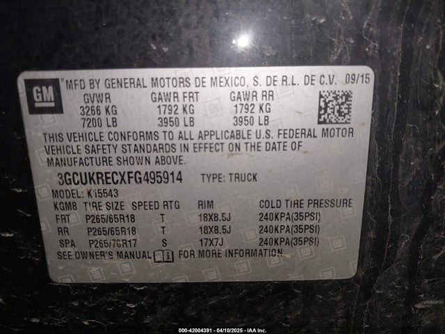 3GCUKRECXFG495914 Chevrolet Silverado 1500 2lt