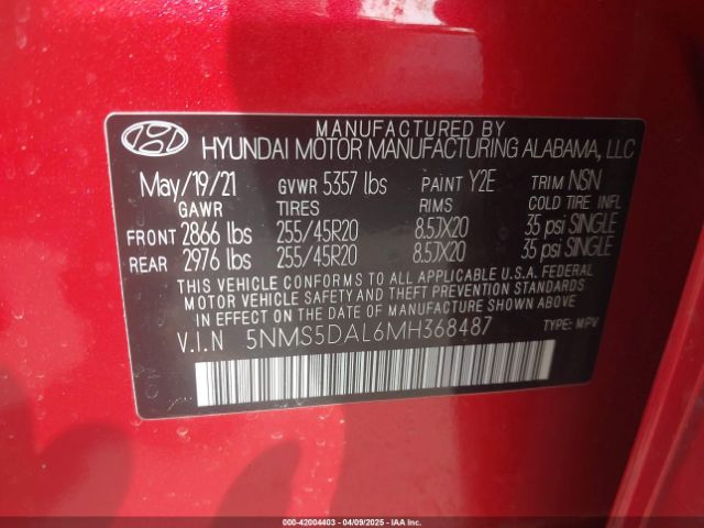 5NMS5DAL6MH368487 Hyundai Santa Fe Calligraphy
