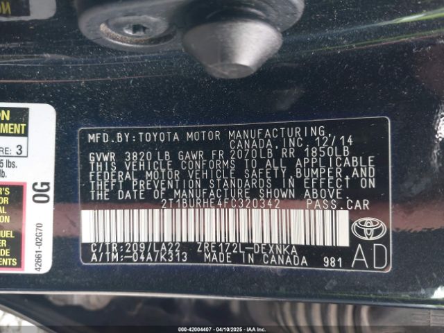 2T1BURHE4FC320342 Toyota Corolla Le Premium
