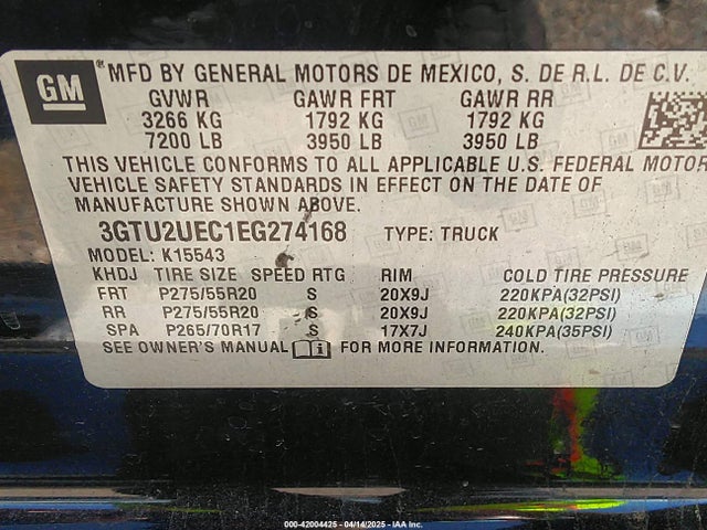 3GTU2UEC1EG274168 GMC l83 - vvt, afm (active fuel management), aluminum
