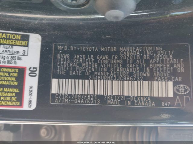 2T1BURHE3JC986732 Toyota COROLLA LE