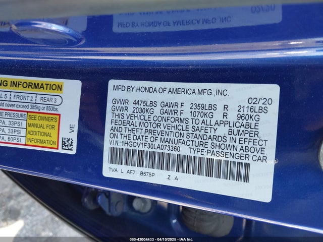 1HGCV1F30LA073360 Honda l15be