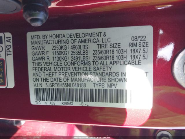5J6RT6H55NL048188 Honda Cr-v Hybrid Ex