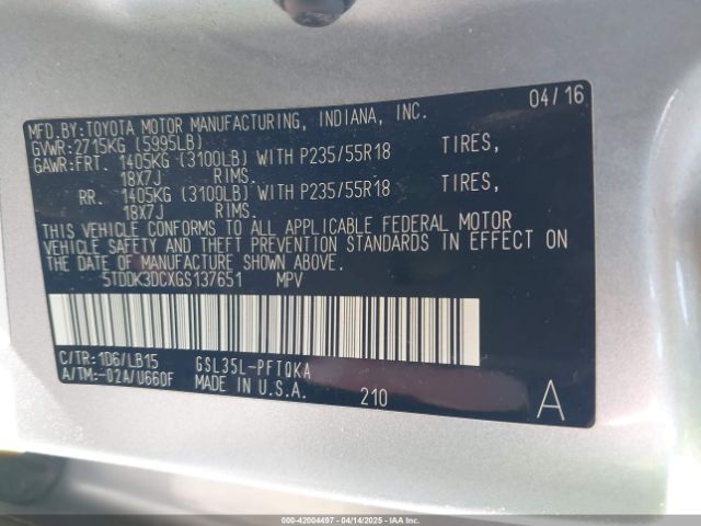 5TDDK3DCXGS137651 Toyota Sienna Limited 7 Passenger