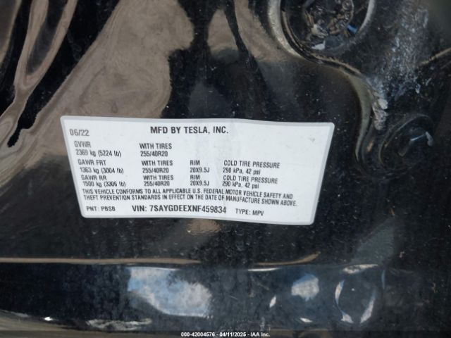 7SAYGDEEXNF459834 Tesla Model Y Long Range Dual Motor All-wheel Drive