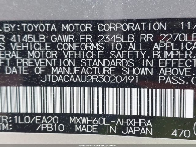JTDACAAU2R3020491 Toyota Prius Limited