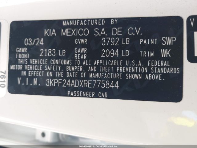 3KPF24ADXRE775844 KIA Forte Lxs
