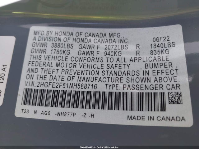 2HGFE2F51NH588716 Honda Civic Sport