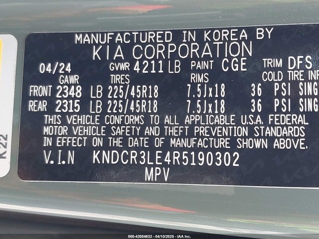 KNDCR3LE4R5190302 KIA gdi kappa pe