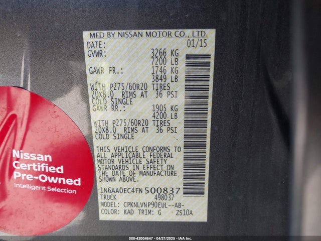 Nissan Titan Sl 2015 1N6AA0EC4FN500837 Image 9