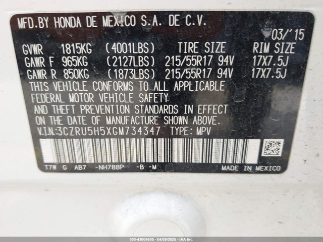3CZRU5H5XGM734347 Honda HR-V EX