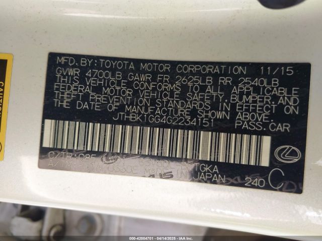 JTHBK1GG4G2234151 Lexus ES 350