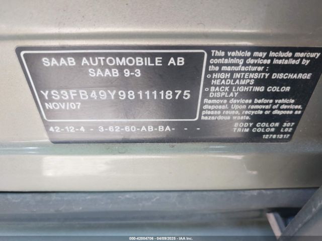 2008 SAAB 9-3 YS3FB49Y981111875 Photo 8