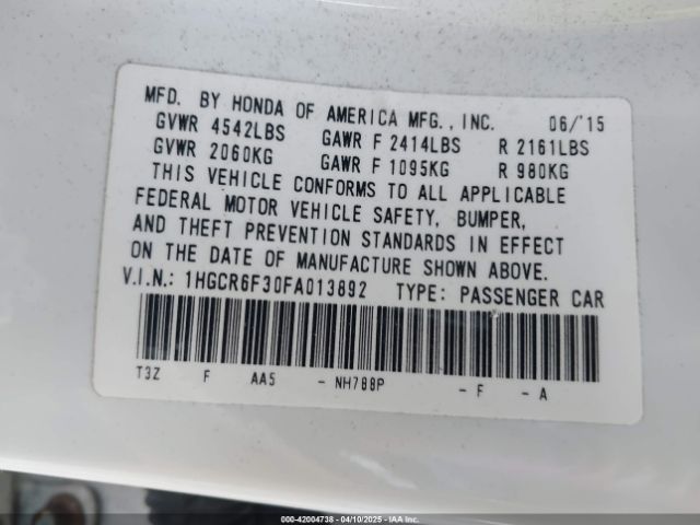1HGCR6F30FA013892 Honda ACCORD HYBRID