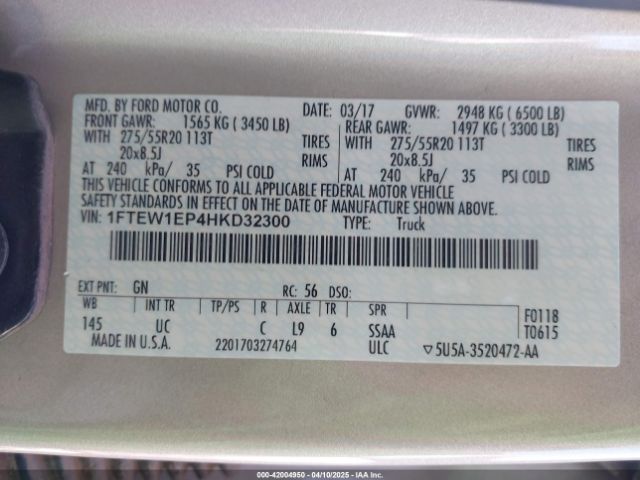 1FTEW1EP4HKD32300 Ford F-150 Xlt