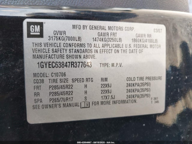 2007 CADILLAC ESCALADE 1GYEC63847R377643 Photo 8