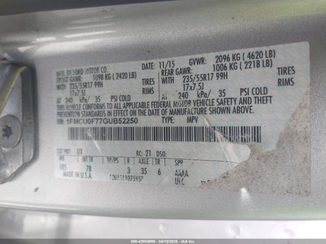 1FMCU0F77GUB52250 Ford ESCAPE S