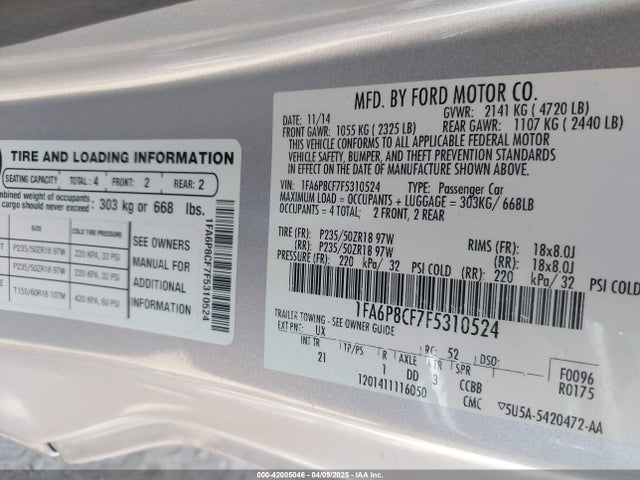 1FA6P8CF7F5310524 Ford MUSTANG GT