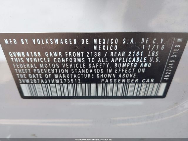 3VW2B7AJ1HM273912 Volkswagen Jetta 1.4t S
