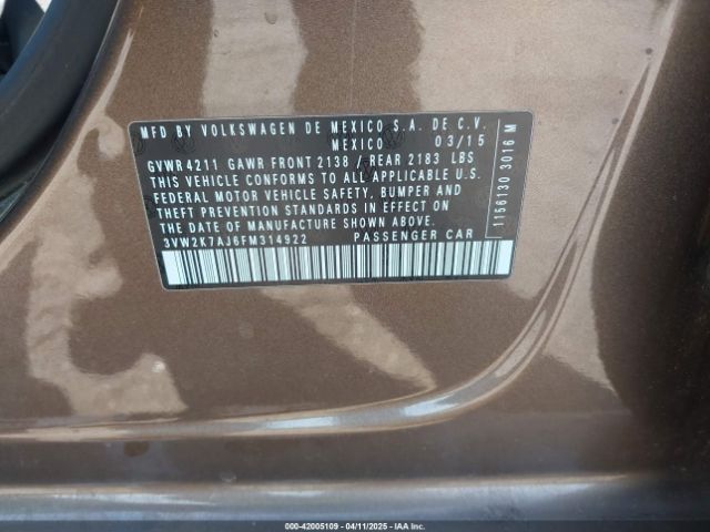 3VW2K7AJ6FM314922 Volkswagen Jetta 2.0l S