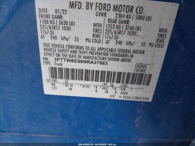 3FTTW8E98NRA37063 Ford Maverick Xlt