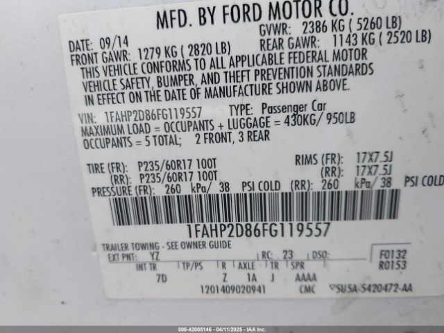 1FAHP2D86FG119557 Ford TAURUS SE