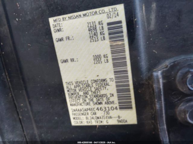 1N4AA5AP4EC463104 Nissan Maxima 3.5 S/3.5 Sv