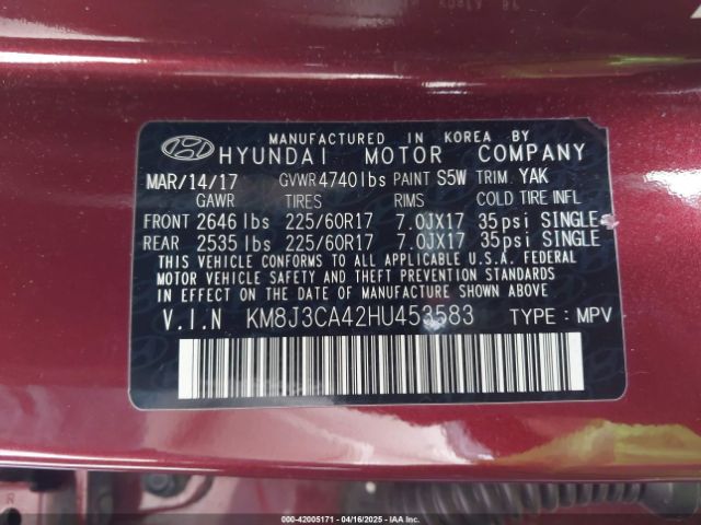 KM8J3CA42HU453583 Hyundai TUCSON SE
