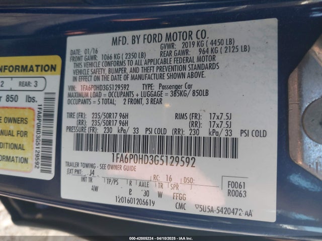 Ford FUSION SE 2016 1FA6P0HD3G5129592 Image 9