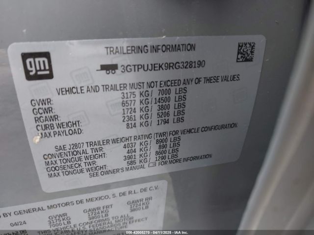 3GTPUJEK9RG328190 GMC Sierra 1500 4wd  Short Box Elevation With 3vl