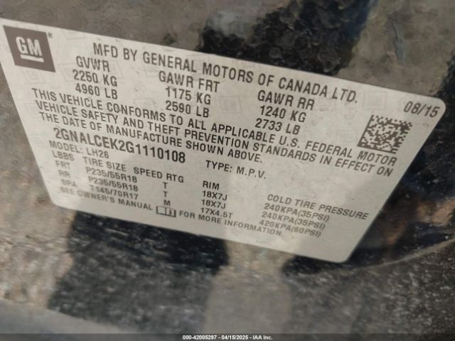 2GNALCEK2G1110108 Chevrolet EQUINOX LT