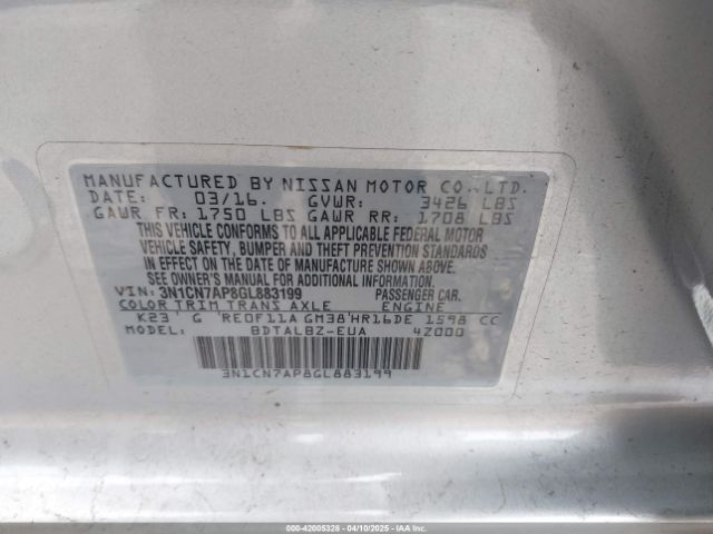 3N1CN7AP8GL883199 Nissan Versa 1.6 Sv