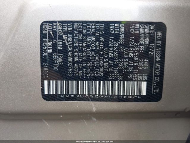 JN8AT3CA6MW027633 Nissan Rogue Sl Fwd