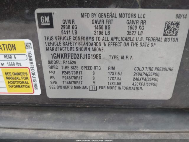 1GNKRFED3FJ151986 Chevrolet Traverse Ls