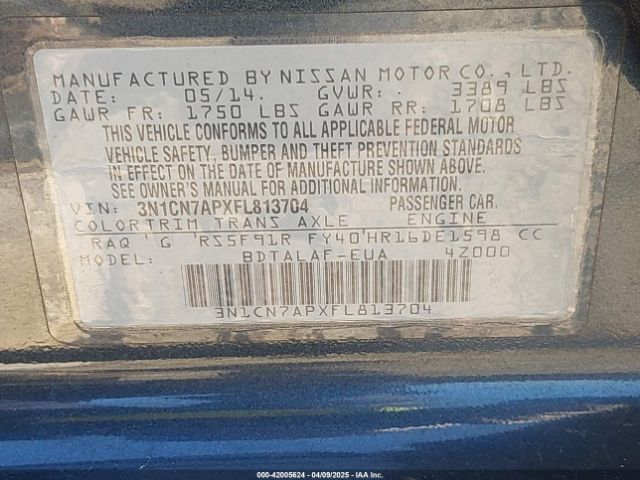 3N1CN7APXFL813704 Nissan Versa 1.6 S