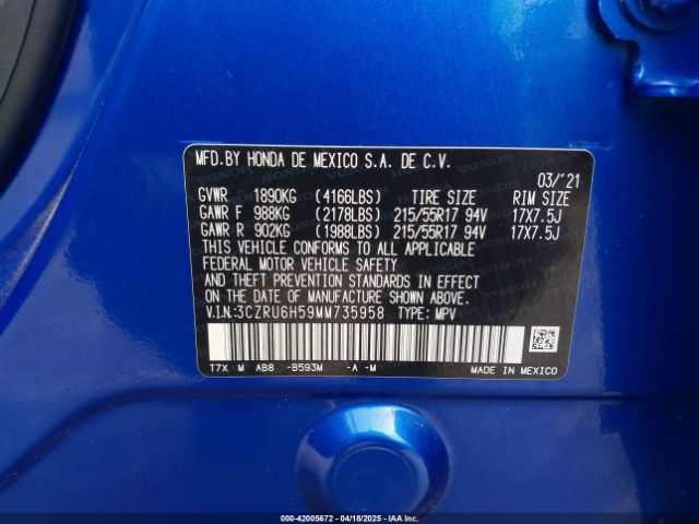 3CZRU6H59MM735958 Honda Hr-v Awd Ex