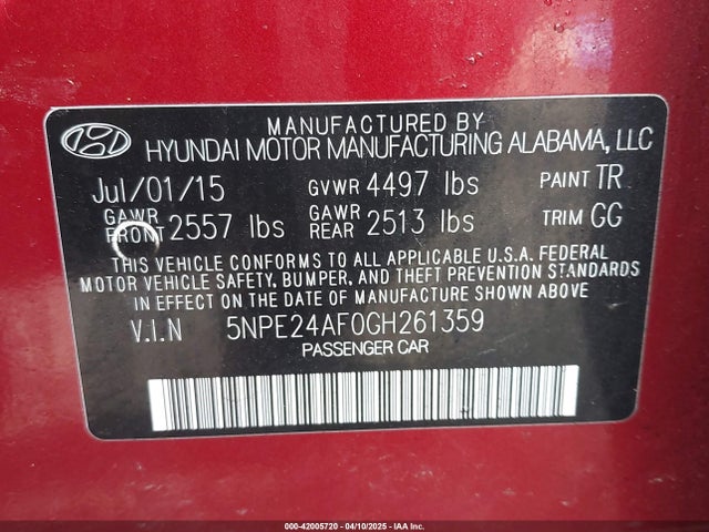 5NPE24AF0GH261359 Hyundai SONATA SE