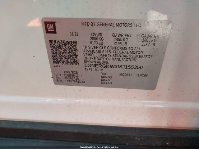 1GNERGKW3MJ155350 Chevrolet Traverse Fwd Lt Cloth