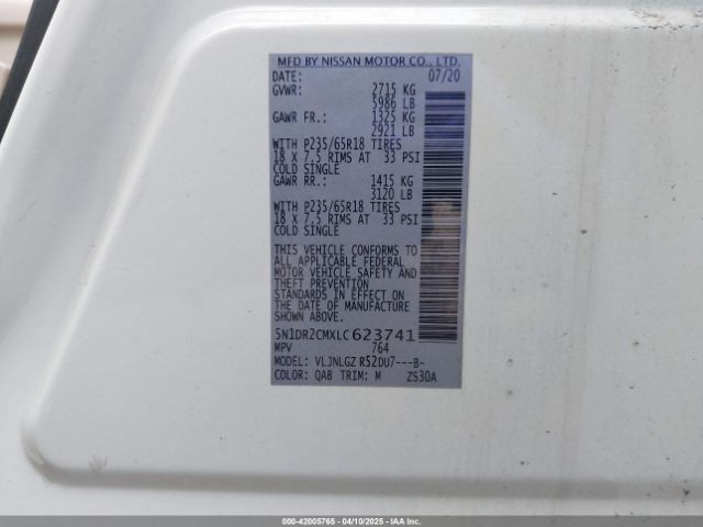 5N1DR2CMXLC623741 Nissan Pathfinder Sl 4wd