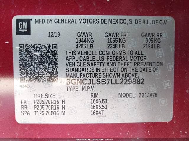 3GNCJLSB7LL229882 Chevrolet Trax Fwd Lt