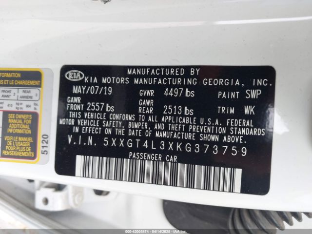 5XXGT4L3XKG373759 KIA Optima Lx
