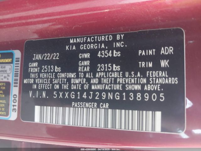 5XXG14J29NG138905 KIA K5 LXS