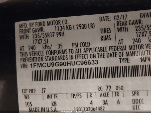 1FMCU9G90HUC96633 Ford ESCAPE SE