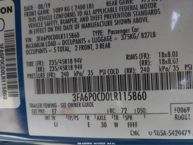 3FA6P0CD0LR115860 Ford FUSION SEL