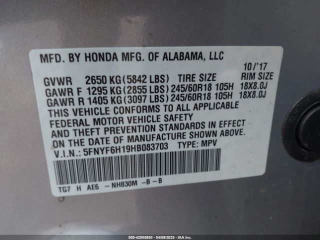 5FNYF6H19HB083703 Honda PILOT LX