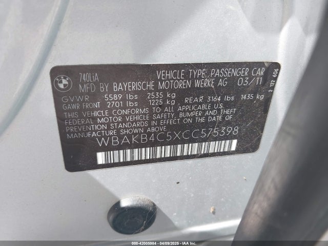 42005984 :رقم المزاد ، WBAKB4C5XCC575398 vin ، 2012 Bmw 740li مزاد بيع