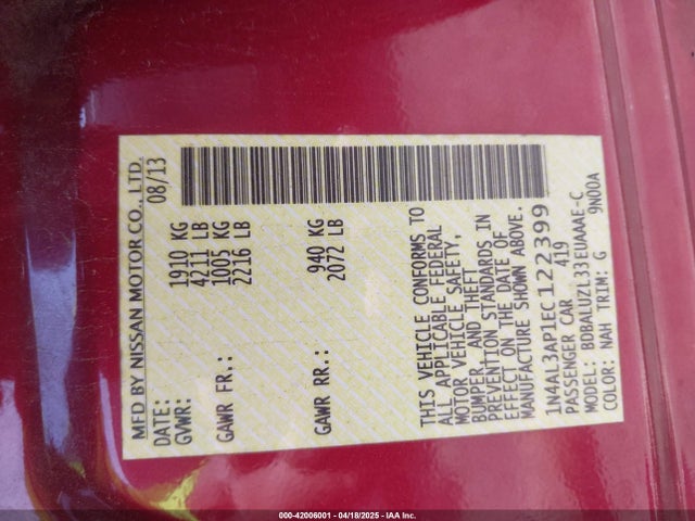 1N4AL3AP1EC122399 Nissan Altima 2.5 Sv