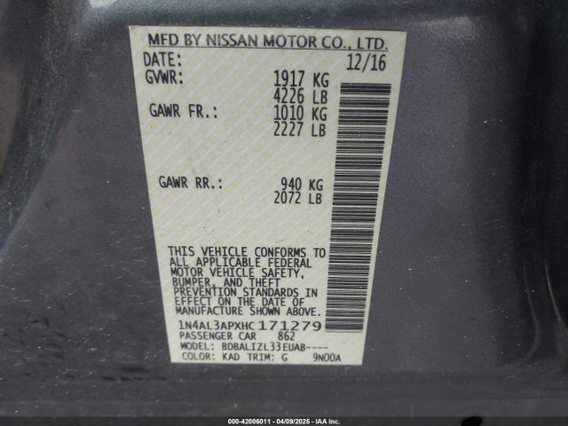 1N4AL3APXHC171279 Nissan Altima 2.5 Sv